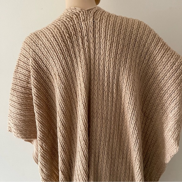 Cable Knit Ruana Camel Fringe Poncho Cardigan - Picture 6 of 9